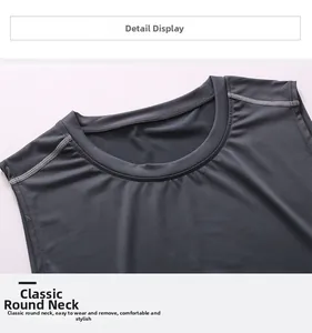 Close-up of men's dark grey fitness tank top with round neck and flatlock seams