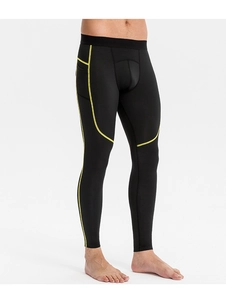 Détail du legging de sport homme avec poche latérale et coutures jaune fluo