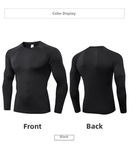 Front and back views of black men's compression shirt with elastic breathable fabric