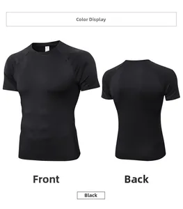 Front and back views of a black men's compression shirt with quick-dry stretch fabric