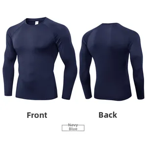Navy blue compression shirt front and back views showing ergonomic raglan sleeve design