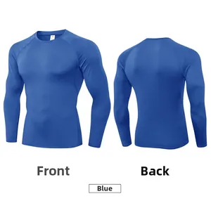 Front and back views of a blue long-sleeved compression shirt for men’s fitness training