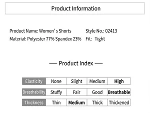 Gedetailleerde stofspecificaties met 77% polyester en 23% elastaan voor yogashort