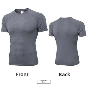 Front and back views of men's quick-dry raglan sleeve sports t-shirt in heather grey