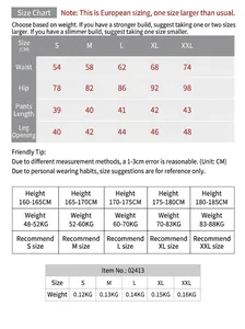 Gedetailleerde maattabel voor geprinte yogashorts met afmetingen voor taille, heup en lengte