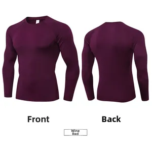 Front and back views of a wine red men's quick-dry compression shirt with raglan sleeves