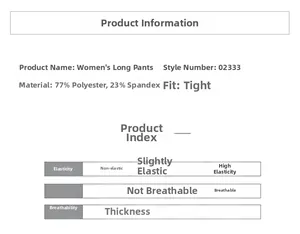 Size chart showing 77% polyester 23% spandex high elastic yoga leggings specifications