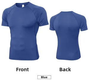 Front and back views of blue quick-dry men's compression shirt with raglan sleeves