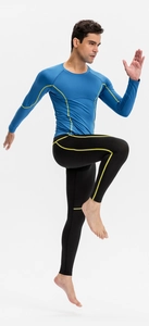 Detail of men's compression suit with contrast stitching for running and fitness training