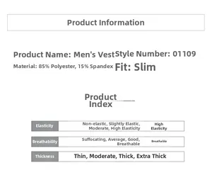 Detailed fabric specs of men's slim fit vest featuring 85% polyester and 15% spandex