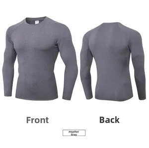 Front and back detail of grey quick-dry compression shirt for men's fitness training