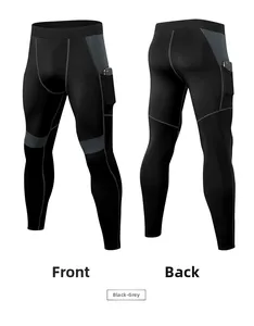 Detail view of compression sports pants featuring side pockets for phone and gray stitching