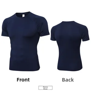 Front and back views of navy blue men's quick-dry compression gym t-shirt