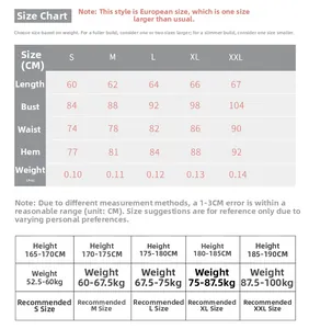 Detailed size chart for men's fitness compression vest with weight and height recommendations