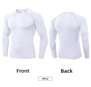 Front and back view of white quick-dry men's compression shirt with raglan sleeves