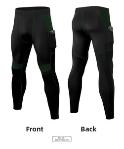 Front and back views of men's compression pants with side pocket and green stitching