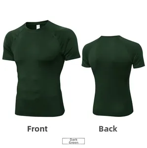 Front and back view of men's dark green quick-dry compression gym shirt in size M