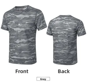 Vues avant et arrière du t-shirt de sport camouflage gris respirant à séchage rapide