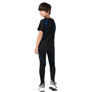 Kids sports compression set with black short sleeve shirt and leggings with blue stitching