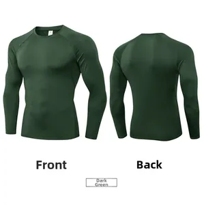 Front and back view of men's dark green moisture-wicking compression long sleeve shirt