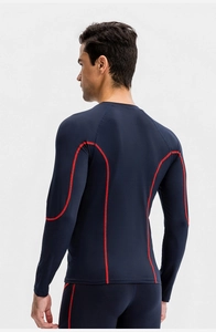 Detail of blue compression shirt with red flatlock stitching on back for men