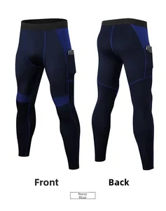 Men's navy compression pants featuring high-stretch fabric and functional side phone pocket