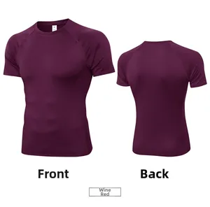 Front and back detail of wine red compression fit athletic t-shirt for men in size M