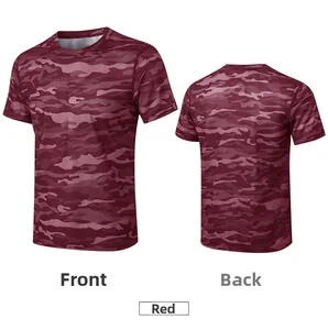 Vues avant et arrière d'un t-shirt de sport camouflage rouge respirant pour hommes