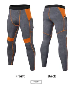 Detailed front and back views of grey compression pants with orange stitching and side pocket