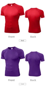 Detailed front and back views of quick-dry compression gym shirts in red and purple