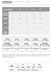 Size chart for men's high-elastic fitness compression pants with length and weight info