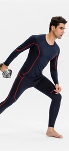 Men's compression suit with red stitching on dark quick-dry elastic fitness long sleeves