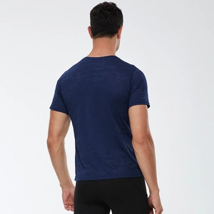Men's navy camo short sleeve athletic shirt with quick-dry fabric and breathable jacquard