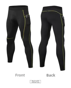 Pantalon de compression noir pour homme avec coutures jaunes et poches latérales