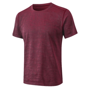 Men's athletic short sleeve t-shirt in deep burgundy heather with breathable fabric