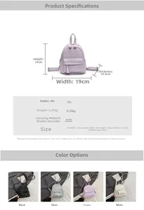 Detail view of mini PU leather backpack showing dimensions and available color options