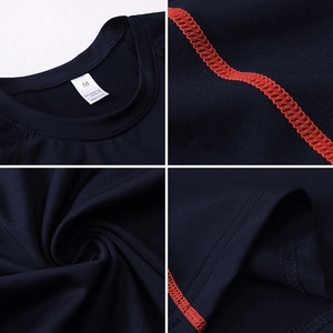 Men's navy blue compression long sleeve shirt with red flatlock stitching details