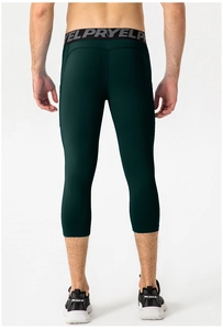 Rear view of men's dark green compression capri pants with high-elastic grey waist band