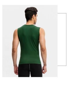 Detail view of the back of a dark green men's compression vest with ergonomic fit