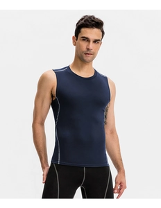 Close-up of contrast stitching on men's blue compression vest with moisture-wicking fabric