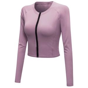 Giacca da yoga slim fit viola da donna con zip nera e tessuto elastico traspirante