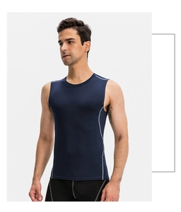 Detail of navy compression tank top for men featuring grey contrast stitching and high elasticity