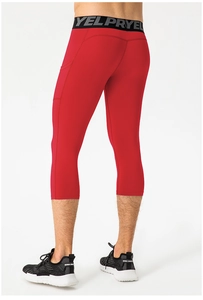 Rear view of red men's compression tights with ergonomic seams and hidden side pockets