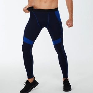 Men's high-elastic compression sports pants in navy blue with side pockets and blue panels