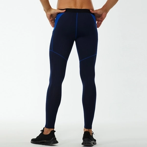 Men's compression sports leggings in navy blue with ergonomic light blue stitching