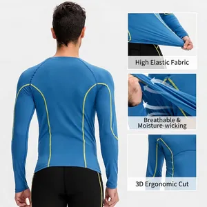 Pro men's compression long sleeve fitness top in blue with yellow stitching details