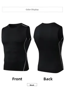 Front and back views of a black compression tank top with side streamlined gray panels