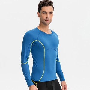 Men's blue compression long sleeve sports shirt with ergonomic neon yellow stitching