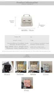 Detailed size chart and multi-color selection for double bow PU leather backpack