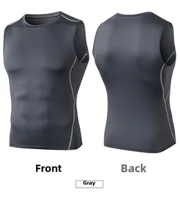 Front and back view of men's compression fitness vest in gray with quick-dry fabric